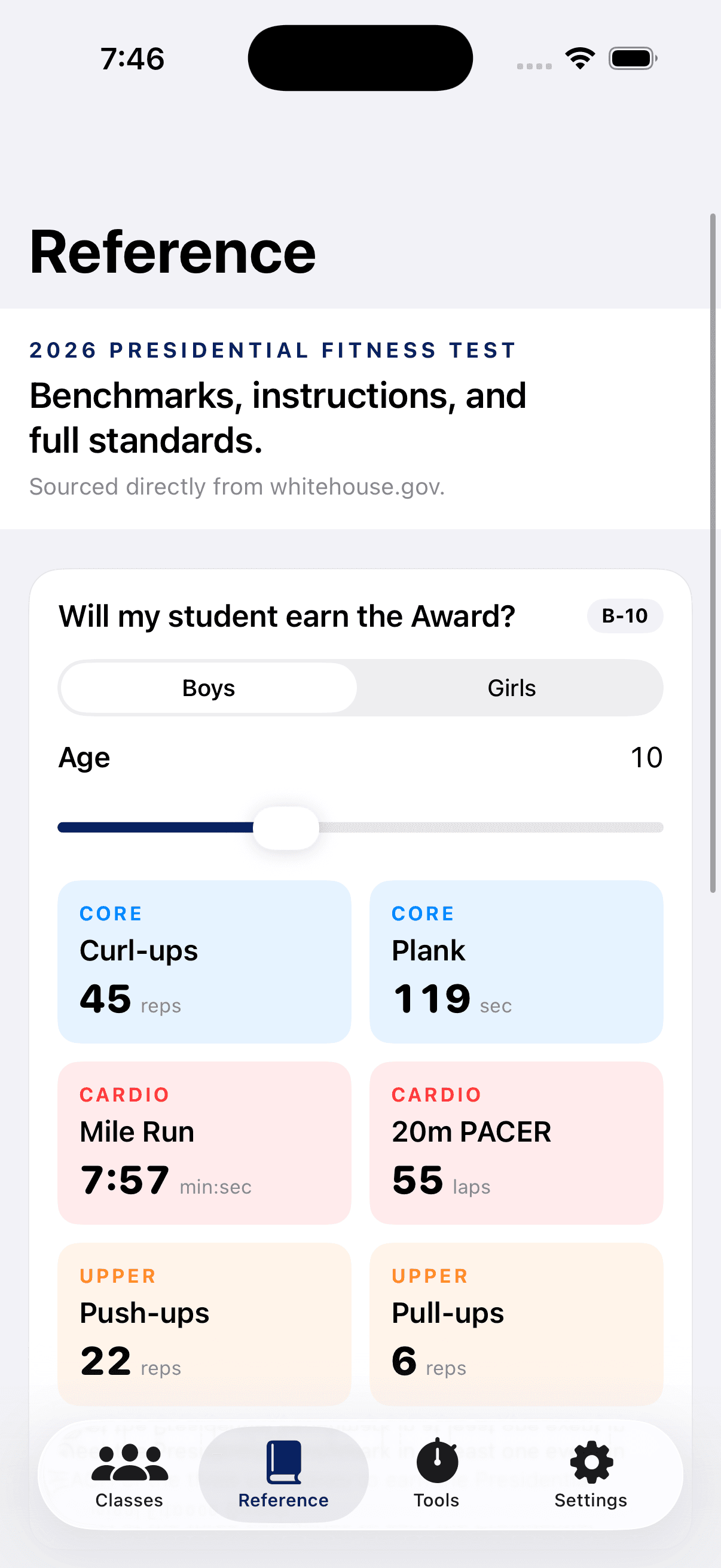 iPhone showing the PFT Reference calculator with the Boys/Girls picker, age slider, and six target tiles.