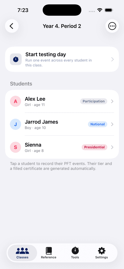 iPhone screenshot of the PFT class roster, with three students each showing their award tier badge.